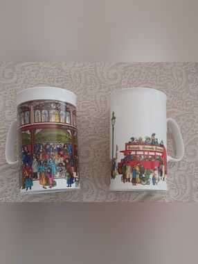 2 Harrods White Ceramic Mugs with Red Double-Decker and Multicolor London Scene